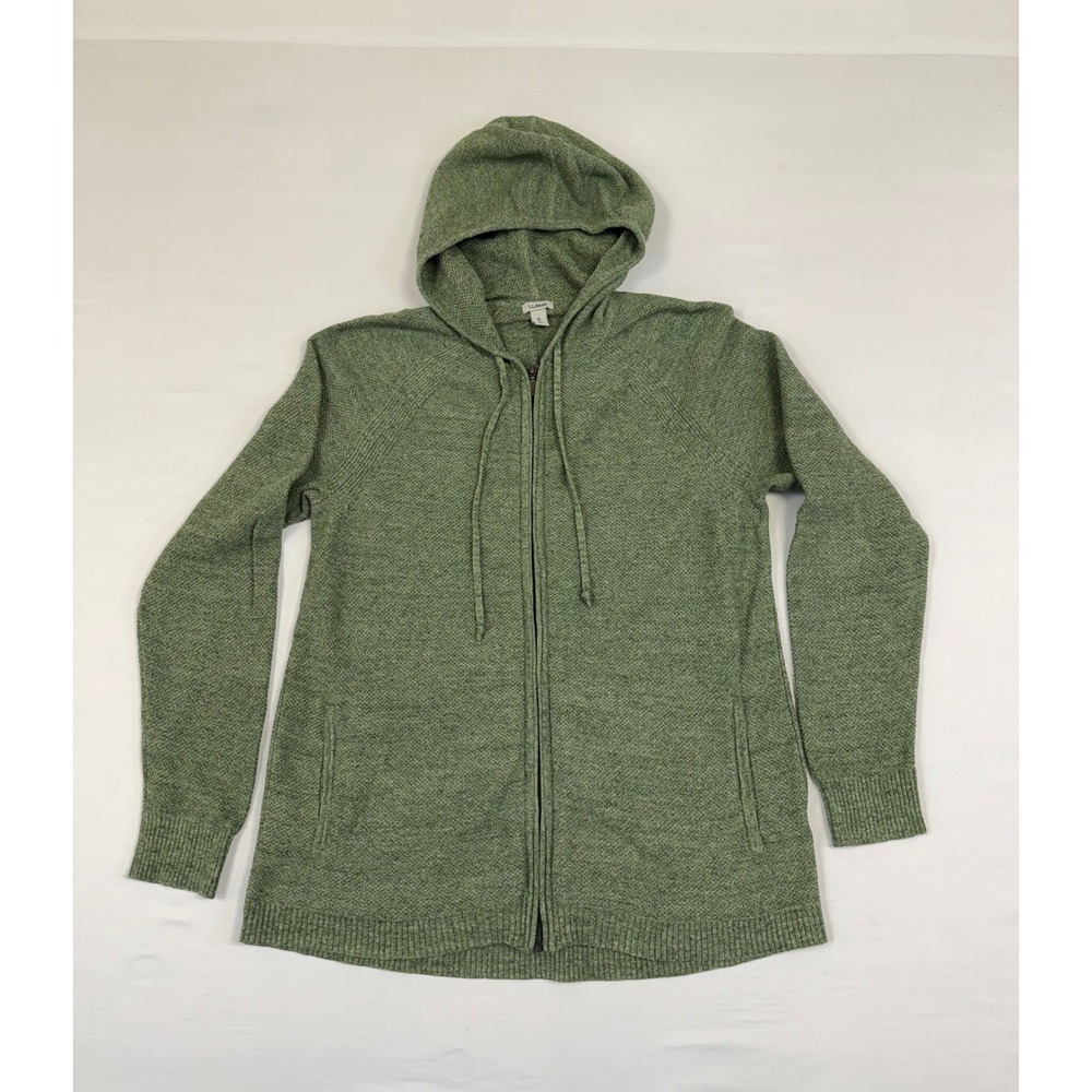 LL Bean Womens Medium Green Recycled Cotton Full Zip Textured Knit Hoodie 507435